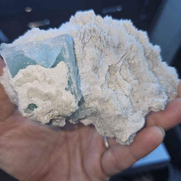 Big green fluorite cube in creedite and calcite matrix - Picture 10 of 16